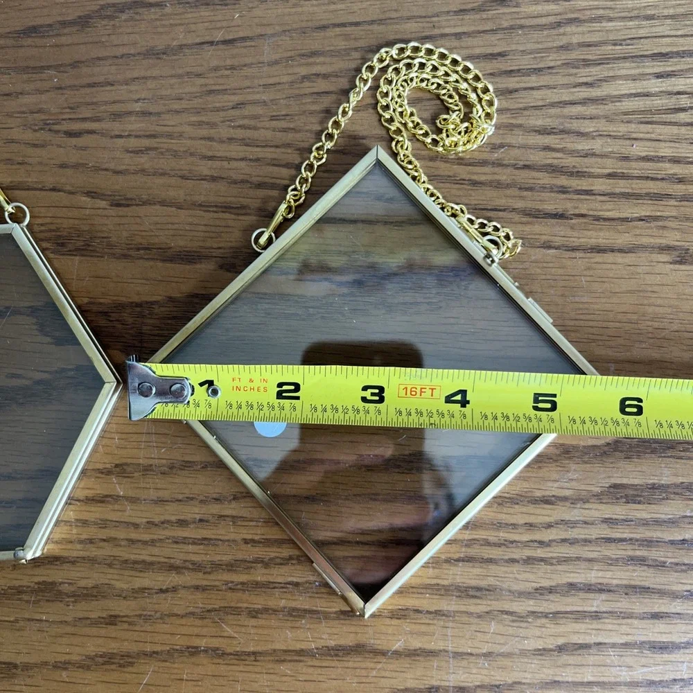 Metal Hinged Floating Frames Pressed Flowers Lot Of 2 Gold Tone Hexagon Diamond